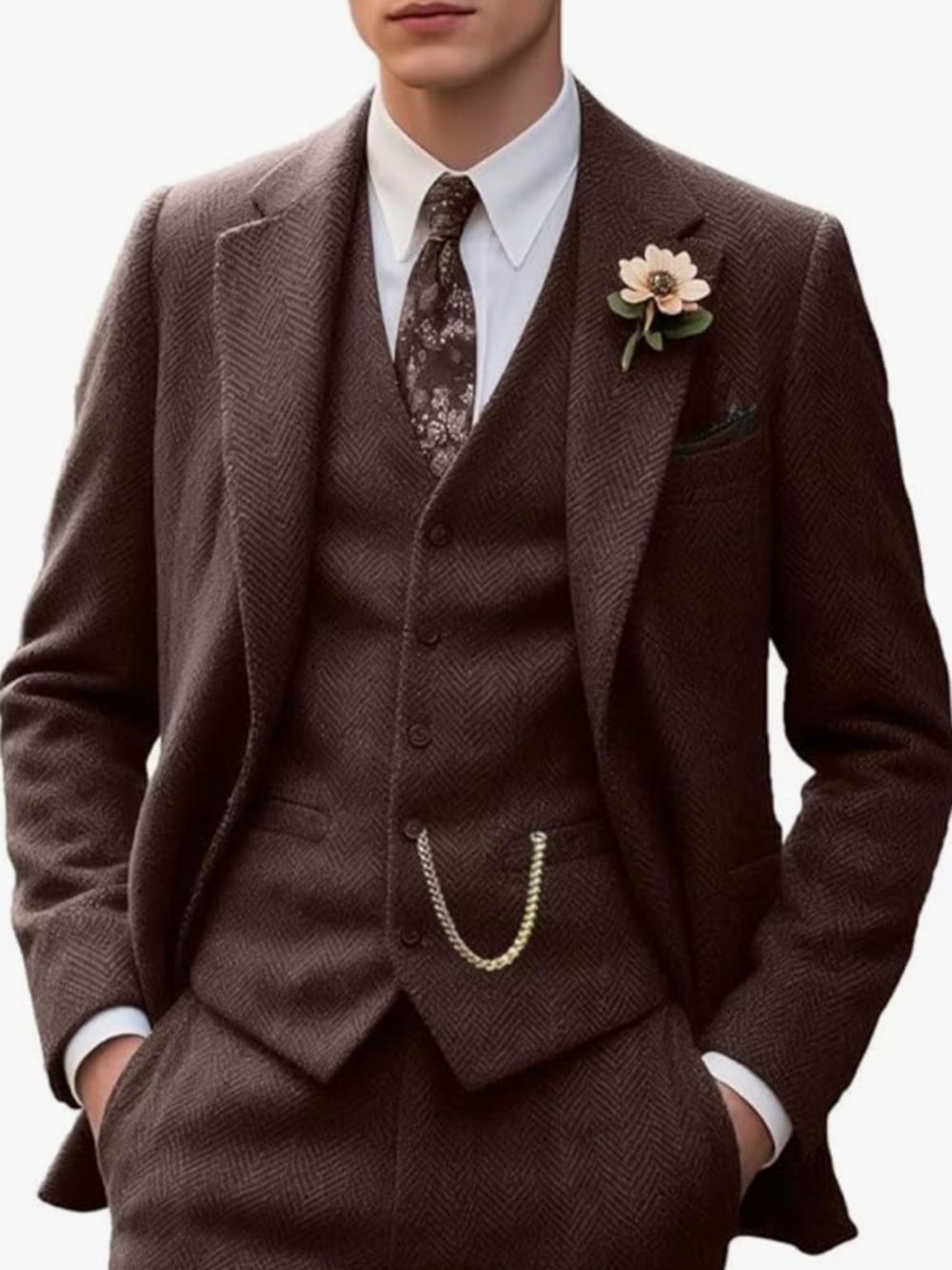 Classic Men's Brown Herringbone Three-Piece Suit size Medium